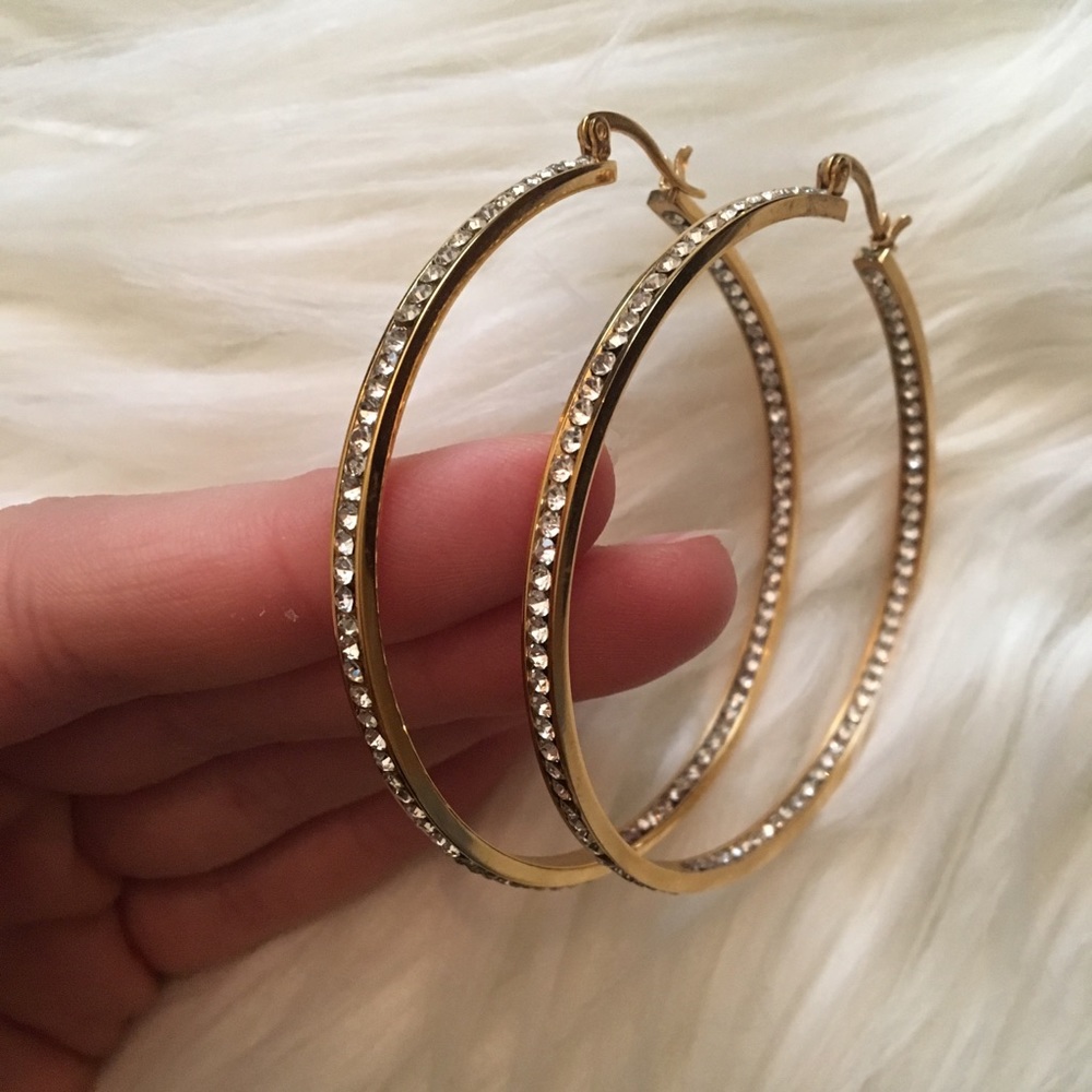 Large gold hoops with rhinestones